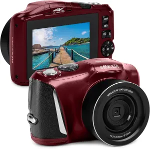 Minolta 64MP Digital Camera – 4K Ultra HD Video at 60FPS, 16x Digital Zoom, WiFi, CMOS Sensor, 3-inch LCD Display, Auto Exposure - Includes 32GB Memory Card, Rechargeable Battery (Red)