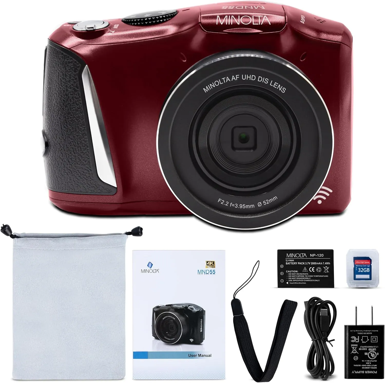 Minolta 64MP Digital Camera – 4K Ultra HD Video at 60FPS, 16x Digital Zoom, WiFi, CMOS Sensor, 3-inch LCD Display, Auto Exposure - Includes 32GB Memory Card, Rechargeable Battery (Red)