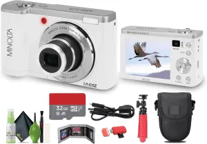Minolta MNB5Z 56MP Dual Lens Point & Shoot Digital Camera with 5X Optical Zoom & 5K Ultra HD Video Bundle with 32GB Memory Card   Vlogger Tripod   Bag   6Ave Cleaning Kit   More Accessories (White)