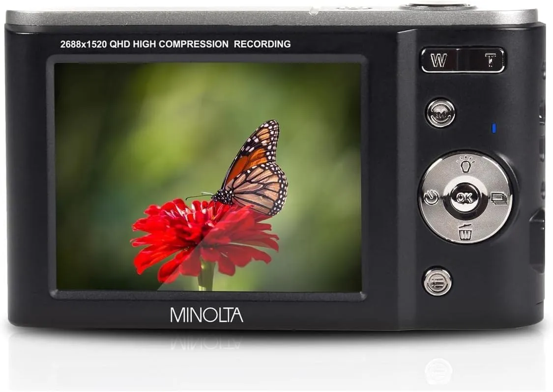 Minolta MND20 44 MP / 2.7K Quad HD Digital Camera (Black)   32GB Memory Card   12 inch Flexible Tripod   Memory Card Wallet   USB Card Reader, SD/microSD   More