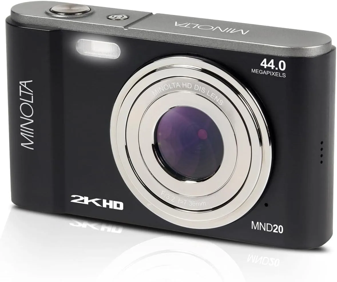 Minolta MND20 44 MP / 2.7K Quad HD Digital Camera (Black)   32GB Memory Card   12 inch Flexible Tripod   Memory Card Wallet   USB Card Reader, SD/microSD   More