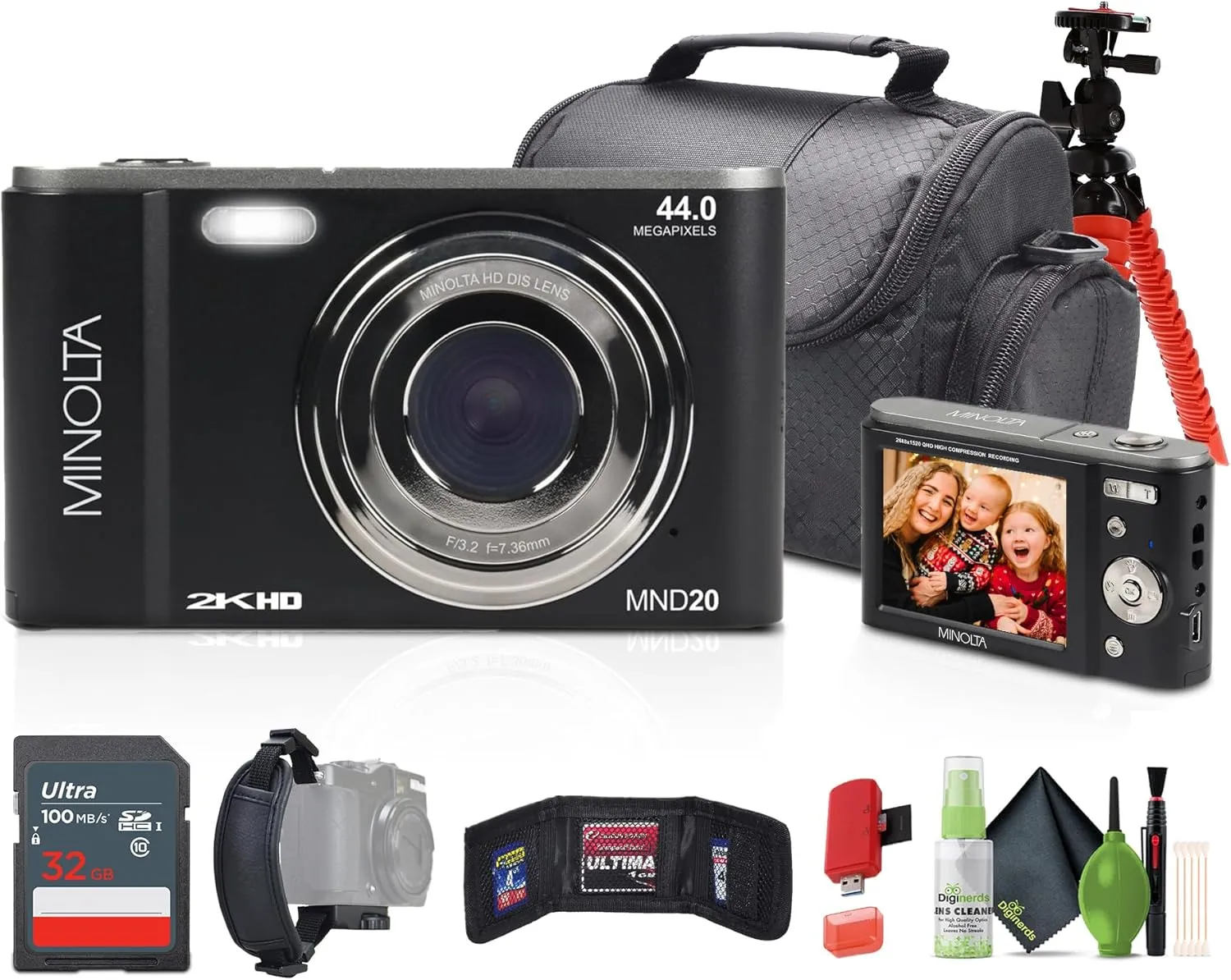 Minolta MND20 44 MP / 2.7K Quad HD Digital Camera (Black)   32GB Memory Card   12 inch Flexible Tripod   Memory Card Wallet   USB Card Reader, SD/microSD   More