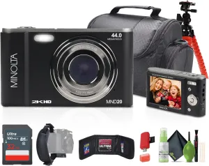 Minolta MND20 44 MP / 2.7K Quad HD Digital Camera (Black)   32GB Memory Card   12 inch Flexible Tripod   Memory Card Wallet   USB Card Reader, SD/microSD   More