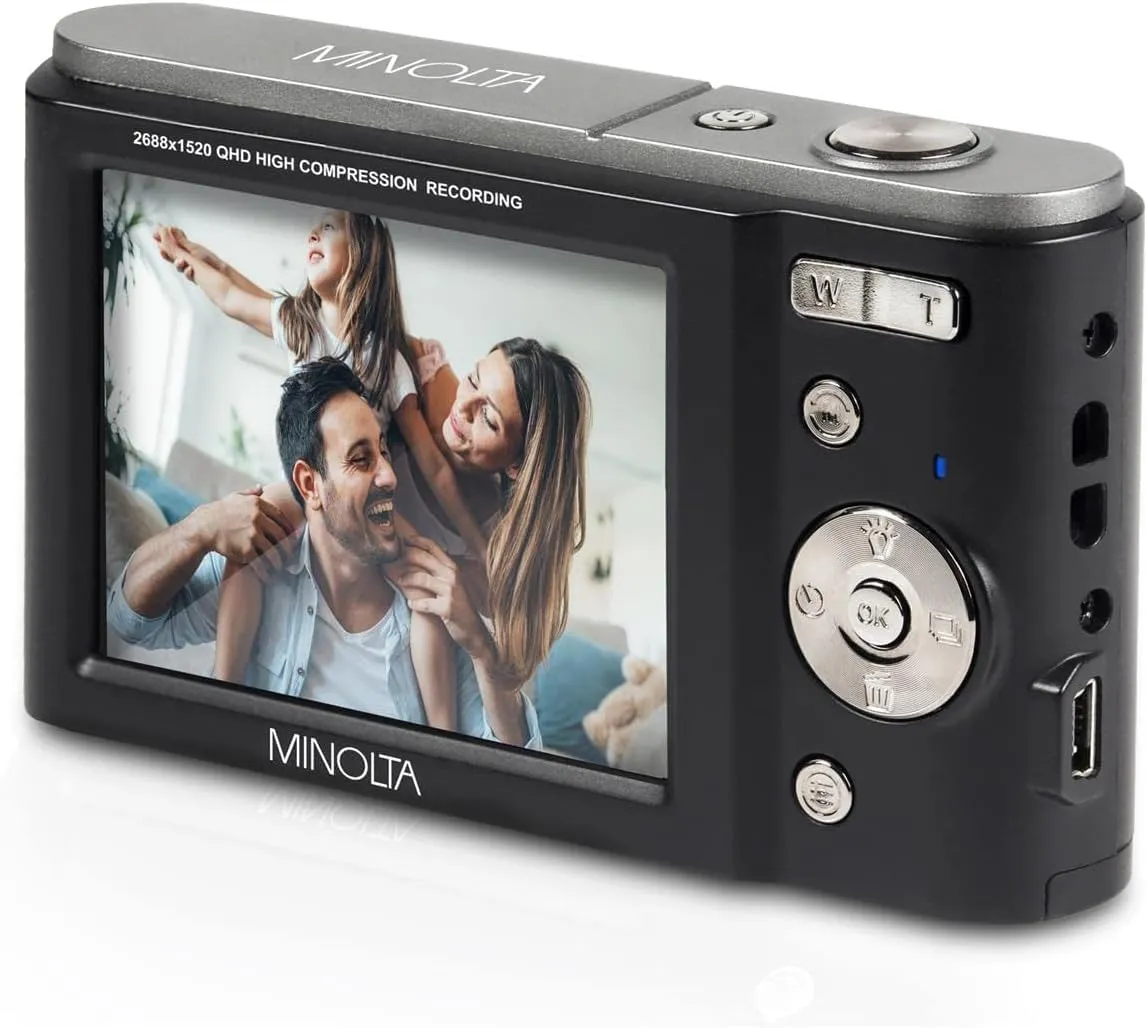 Minolta MND20 44 MP / 2.7K Quad HD Digital Camera (Black)   32GB Memory Card   12 inch Flexible Tripod   Memory Card Wallet   USB Card Reader, SD/microSD   More