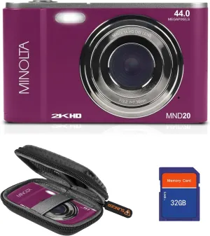 Minolta MND20 44 MP 2.7K Ultra HD Digital Camera with Slinger Camera case (Magenta)