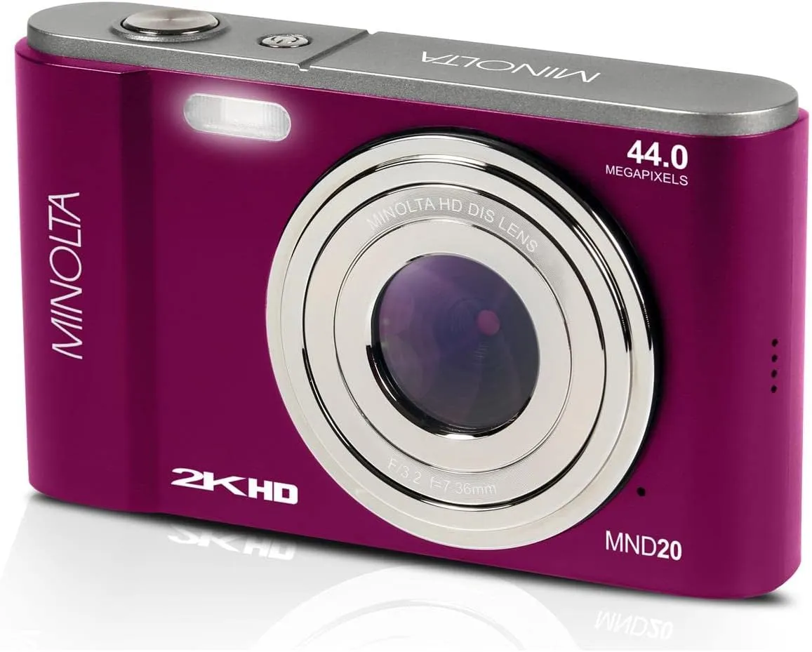 Minolta MND20 44 MP 2.7K Ultra HD Digital Camera with Slinger Camera case (Magenta)