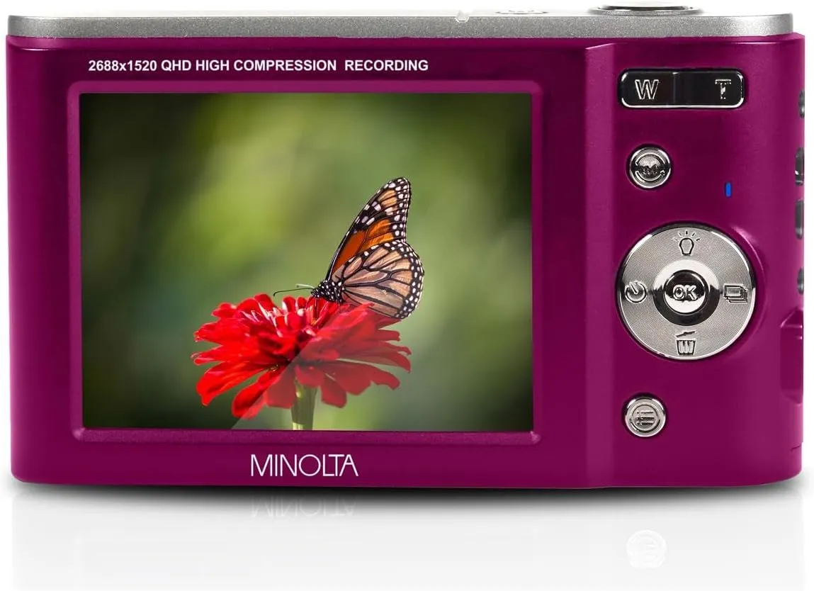 Minolta MND20 44 MP 2.7K Ultra HD Digital Camera with Slinger Camera case (Magenta)