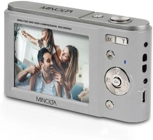 Minolta MND20 44MP Digital Camera – 2.7K Ultra HD Video, 16X Digital Zoom, Anti-Shake Stabilization, Time Lapse, Face Detection, 2.9-inch LCD Display – Lightweight Compact Camera (Silver)