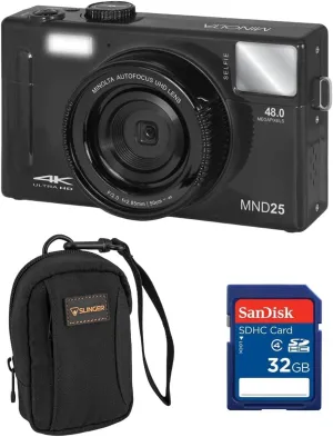 Minolta MND25 Digital Camera, 48 MP Autofocus, 4K Ultra HD Camera with Selfie Mirror & 32GB SD Card, Black, Bundle with Slinger Camera Bag (Black)
