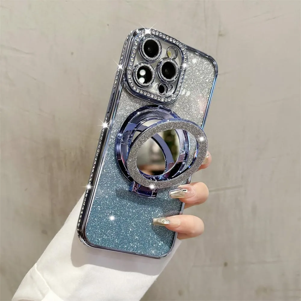 Mirror Kickstand Glitter Diamond Case for iPhone 15 14 13 12 Pro Max,Magnetic Stand Holder,Camera Lens Protector Compatible with Magsafe, Rhinesetone Bing Cover Case (Blue,for iPhone 15)