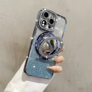 Mirror Kickstand Glitter Diamond Case for iPhone 15 14 13 12 Pro Max,Magnetic Stand Holder,Camera Lens Protector Compatible with Magsafe, Rhinesetone Bing Cover Case (Blue,for iPhone 15)