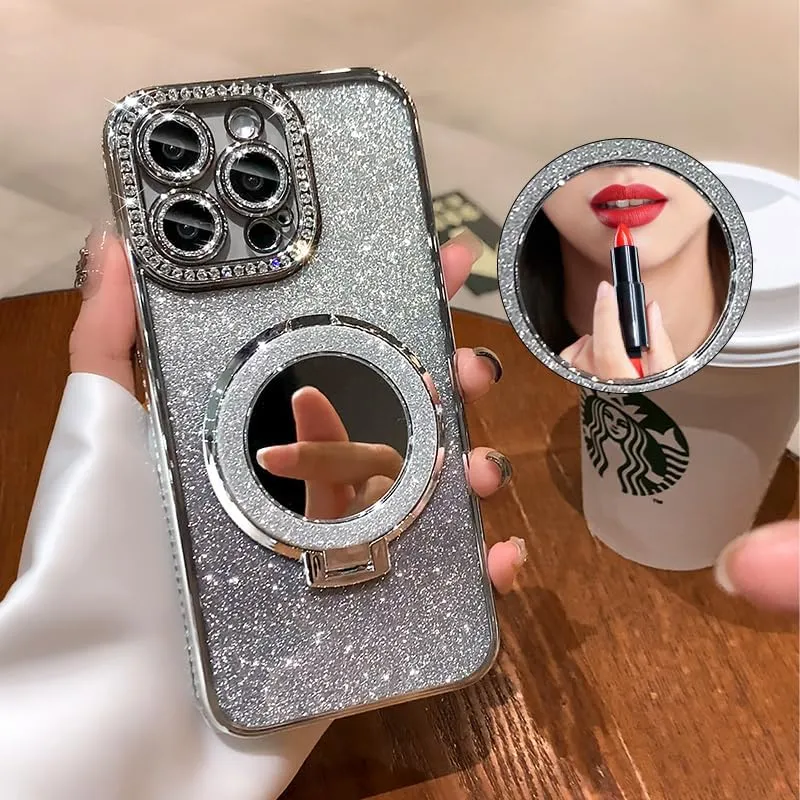 Mirror Kickstand Glitter Diamond Case for iPhone 15 14 13 12 Pro Max,Magnetic Stand Holder,Camera Lens Protector Compatible with Magsafe, Rhinesetone Bing Cover Case (Pink,for iPhone 15)