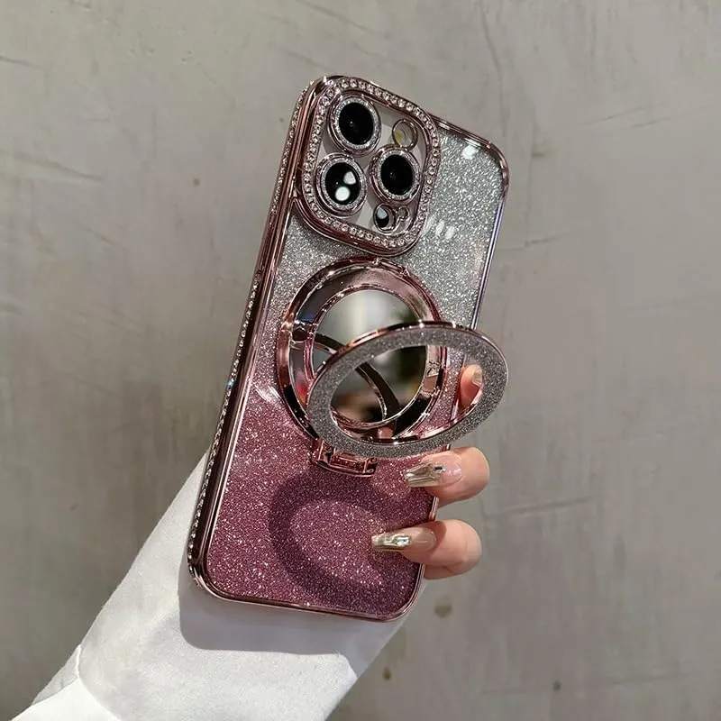 Mirror Kickstand Glitter Diamond Case for iPhone 15 14 13 12 Pro Max,Magnetic Stand Holder,Camera Lens Protector Compatible with Magsafe, Rhinesetone Bing Cover Case (Pink,for iPhone 15)