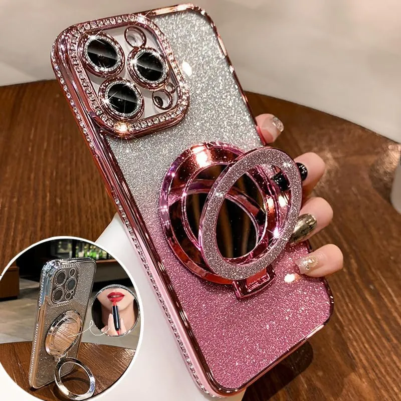 Mirror Kickstand Glitter Diamond Case for iPhone 15 14 13 12 Pro Max,Magnetic Stand Holder,Camera Lens Protector Compatible with Magsafe, Rhinesetone Bing Cover Case (Pink,for iPhone 15)