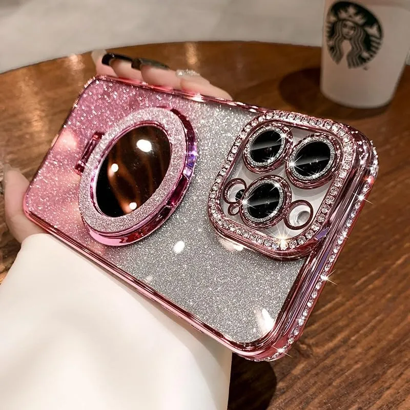 Mirror Kickstand Glitter Diamond Case for iPhone 15 14 13 12 Pro Max,Magnetic Stand Holder,Camera Lens Protector Compatible with Magsafe, Rhinesetone Bing Cover Case (Pink,for iPhone 15)