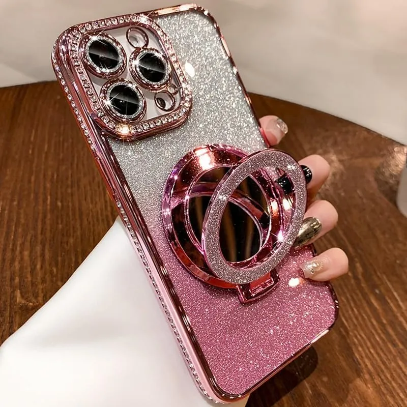 Mirror Kickstand Glitter Diamond Case for iPhone 15 14 13 12 Pro Max,Magnetic Stand Holder,Camera Lens Protector Compatible with Magsafe, Rhinesetone Bing Cover Case (Pink,for iPhone 15)