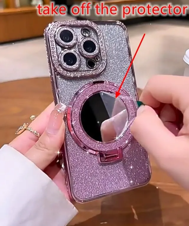 Mirror Kickstand Glitter Diamond Case for iPhone 15 14 13 12 Pro Max,Magnetic Stand Holder,Camera Lens Protector Compatible with Magsafe, Rhinesetone Bing Cover Case (Pink,for iPhone 15)
