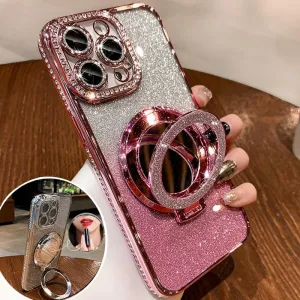 Mirror Kickstand Glitter Diamond Case for iPhone 15 14 13 12 Pro Max,Magnetic Stand Holder,Camera Lens Protector Compatible with Magsafe, Rhinesetone Bing Cover Case (Pink,for iPhone 15)