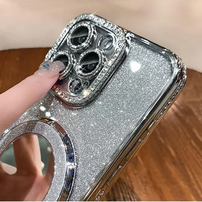 Mirror Kickstand Glitter Diamond Case for iPhone 15 14 13 12 Pro Max,Magnetic Stand Holder,Camera Lens Protector Compatible with Magsafe, Rhinesetone Bing Cover Case (Pink,for iPhone 15)
