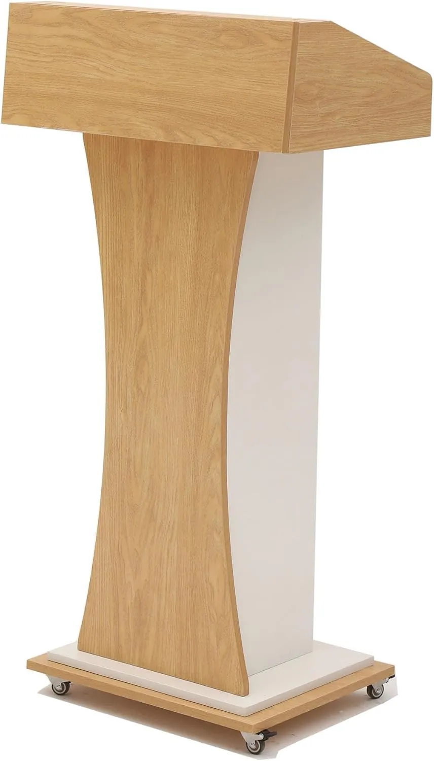 Mobile Wooden Podium Stand with Lockable Wheels Modern Presentation Blockboard Lectern Oak Color with Storage Shelves for Office, Church, Classroom, Conference Room