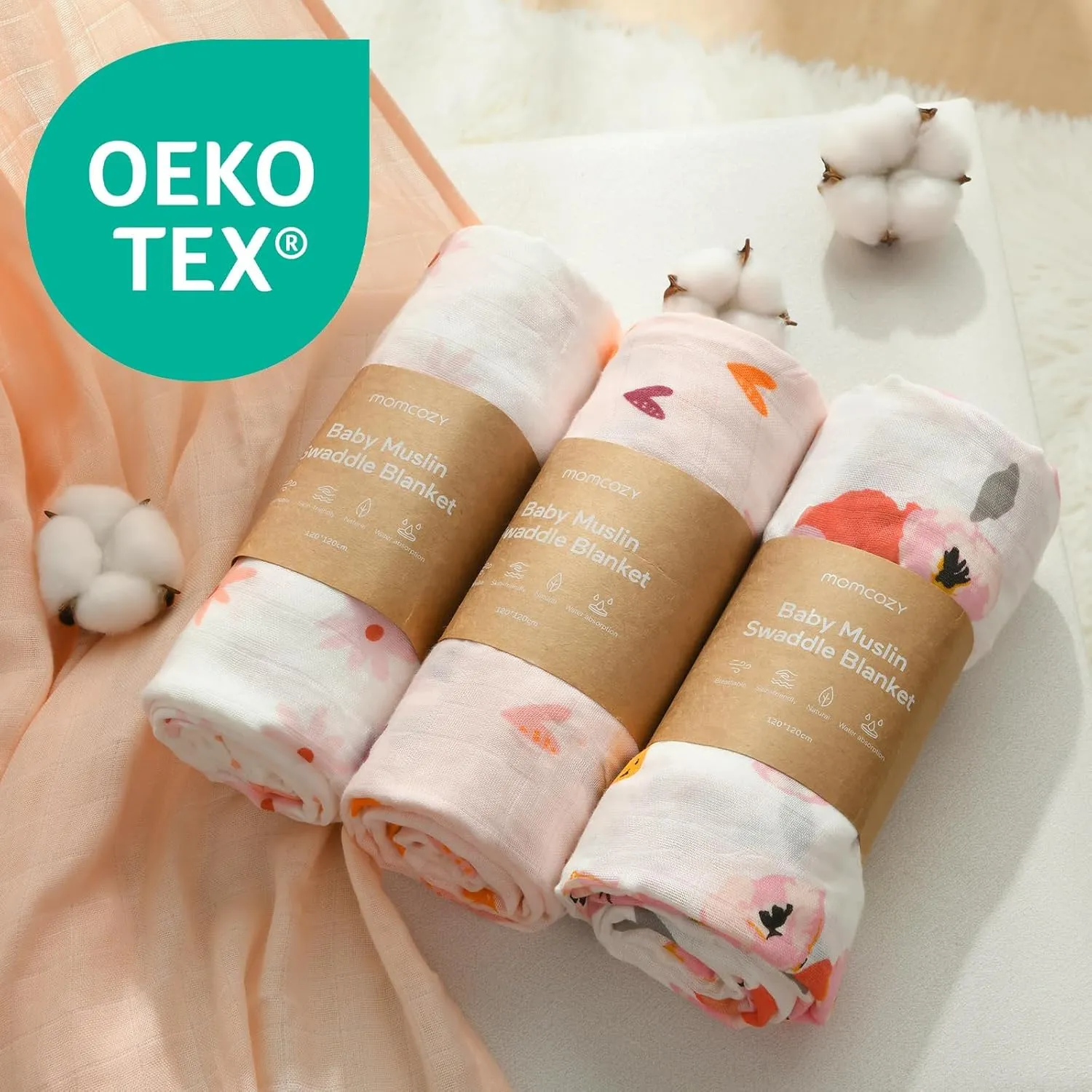 Momcozy Muslin Swaddle Blankets, 4 Pack Soft and Breathable Skin-Friendly Large 47 X 47 Inches Neutral Matching Baby Swaddling Receiving Blankets for Newborn Girls and Boys