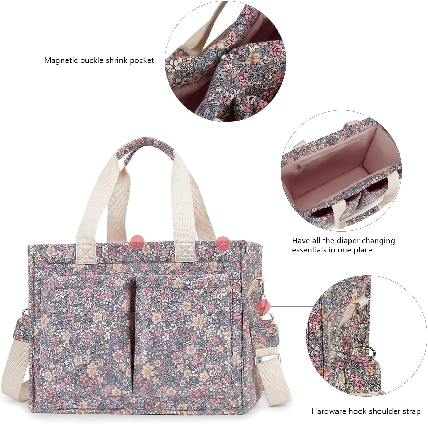 MOMIGO Diaper Bag Tote - Large Capacity Diaper Caddy Tote Bag Baby Stroller Bag Nursery Storage Bin for Diapers, Shoulder Mommy Bag (Floral 2)