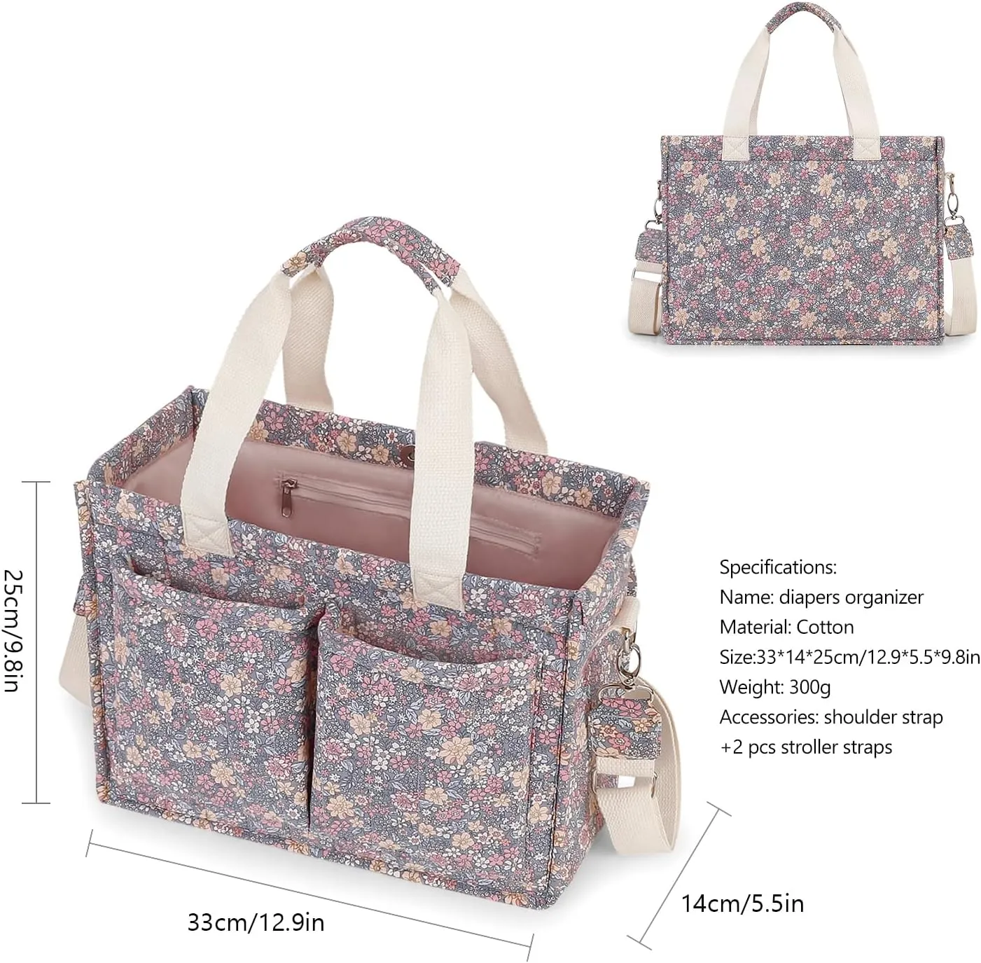 MOMIGO Diaper Bag Tote - Large Capacity Diaper Caddy Tote Bag Baby Stroller Bag Nursery Storage Bin for Diapers, Shoulder Mommy Bag (Floral 2)