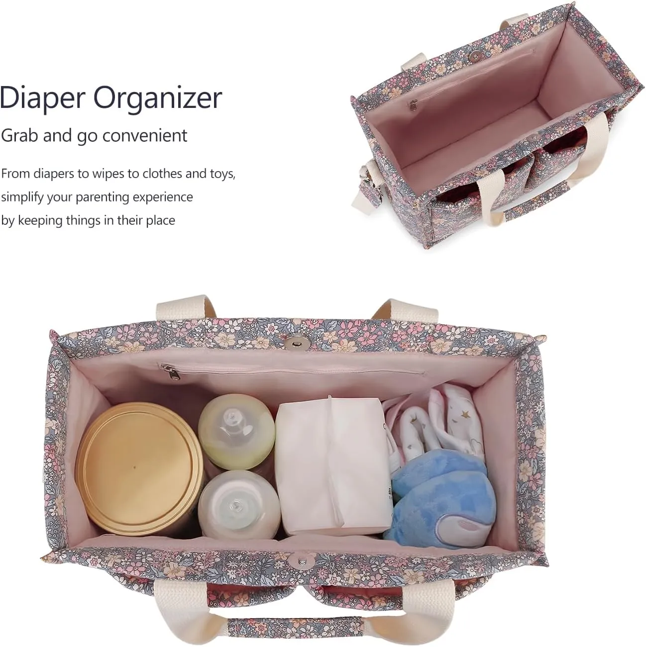 MOMIGO Diaper Bag Tote - Large Capacity Diaper Caddy Tote Bag Baby Stroller Bag Nursery Storage Bin for Diapers, Shoulder Mommy Bag (Floral 2)