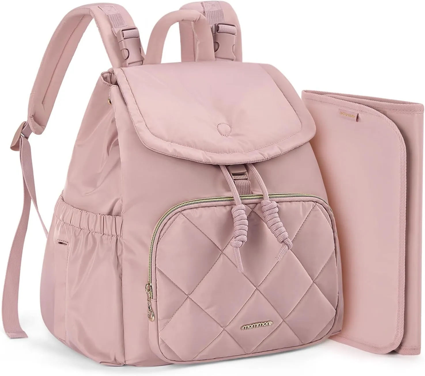 mommore Diaper Bag Backpack, Small Diaper Backpack for Travel, Drawstring Puffer Diaper Bag, Lightweight Quilted Baby Bag with Stroller Straps, Changing Pad