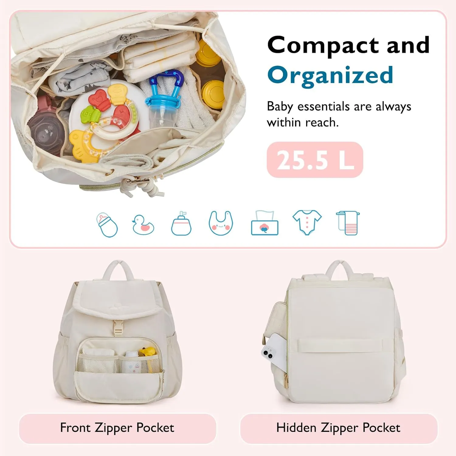 mommore Diaper Bag Backpack, Small Diaper Backpack for Travel, Drawstring Puffer Diaper Bag, Lightweight Quilted Baby Bag with Stroller Straps, Changing Pad