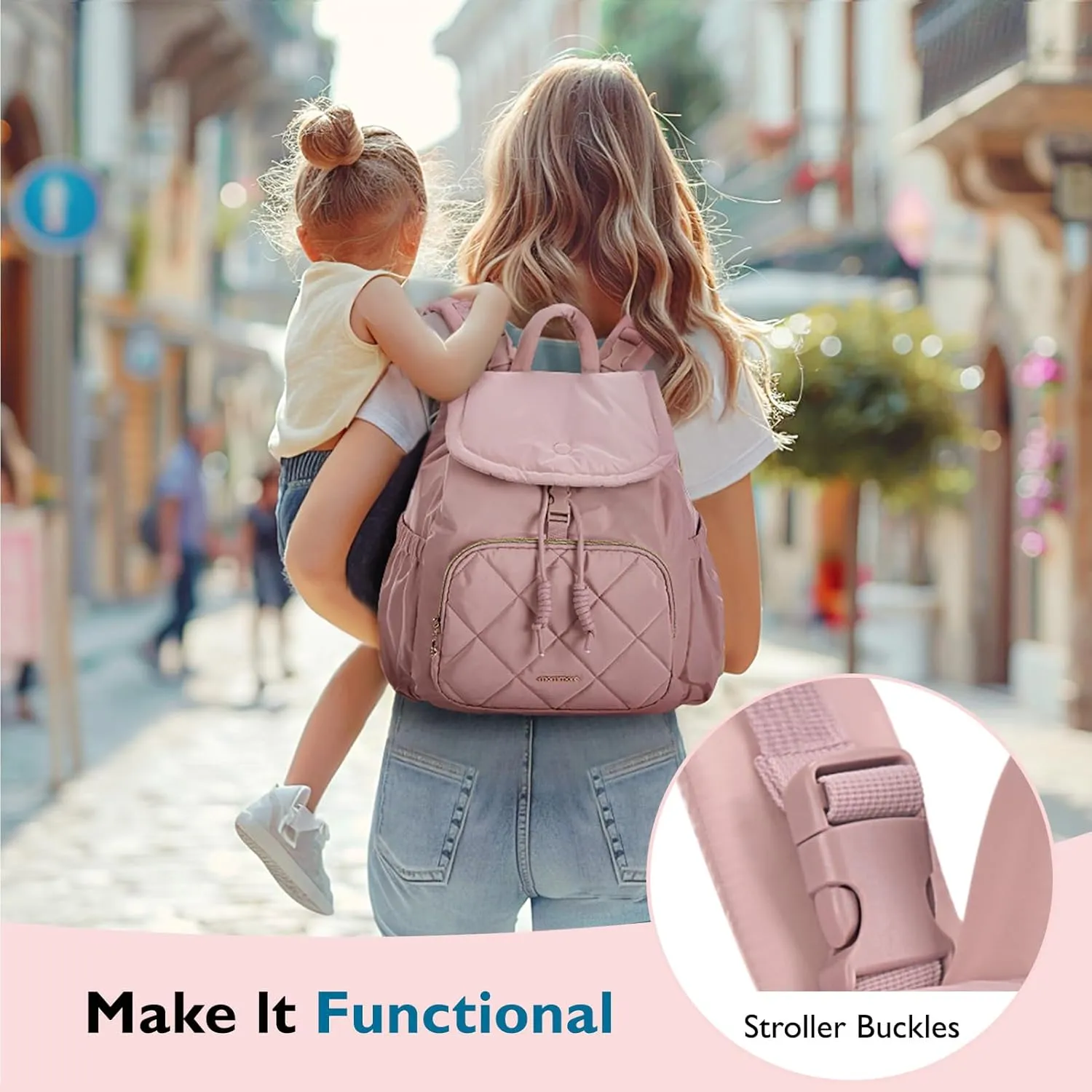 mommore Diaper Bag Backpack, Small Diaper Backpack for Travel, Drawstring Puffer Diaper Bag, Lightweight Quilted Baby Bag with Stroller Straps, Changing Pad