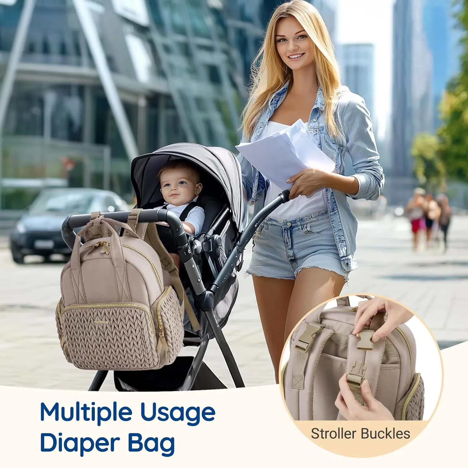 mommore Diaper Bag Backpack Small Diaper Backpack Travel Baby Bag Quilted Diaper Bag with Insulated Pockets, Stroller Straps