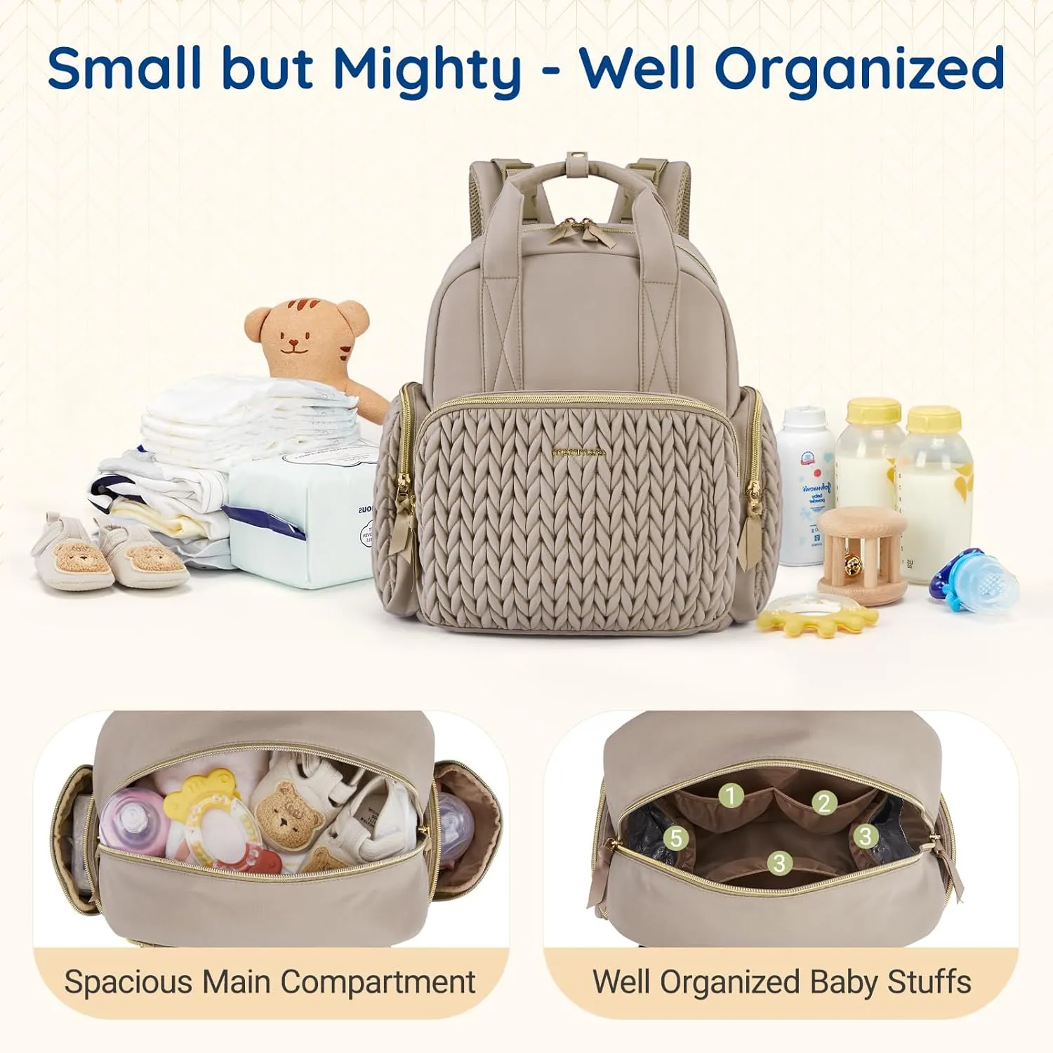 mommore Diaper Bag Backpack Small Diaper Backpack Travel Baby Bag Quilted Diaper Bag with Insulated Pockets, Stroller Straps