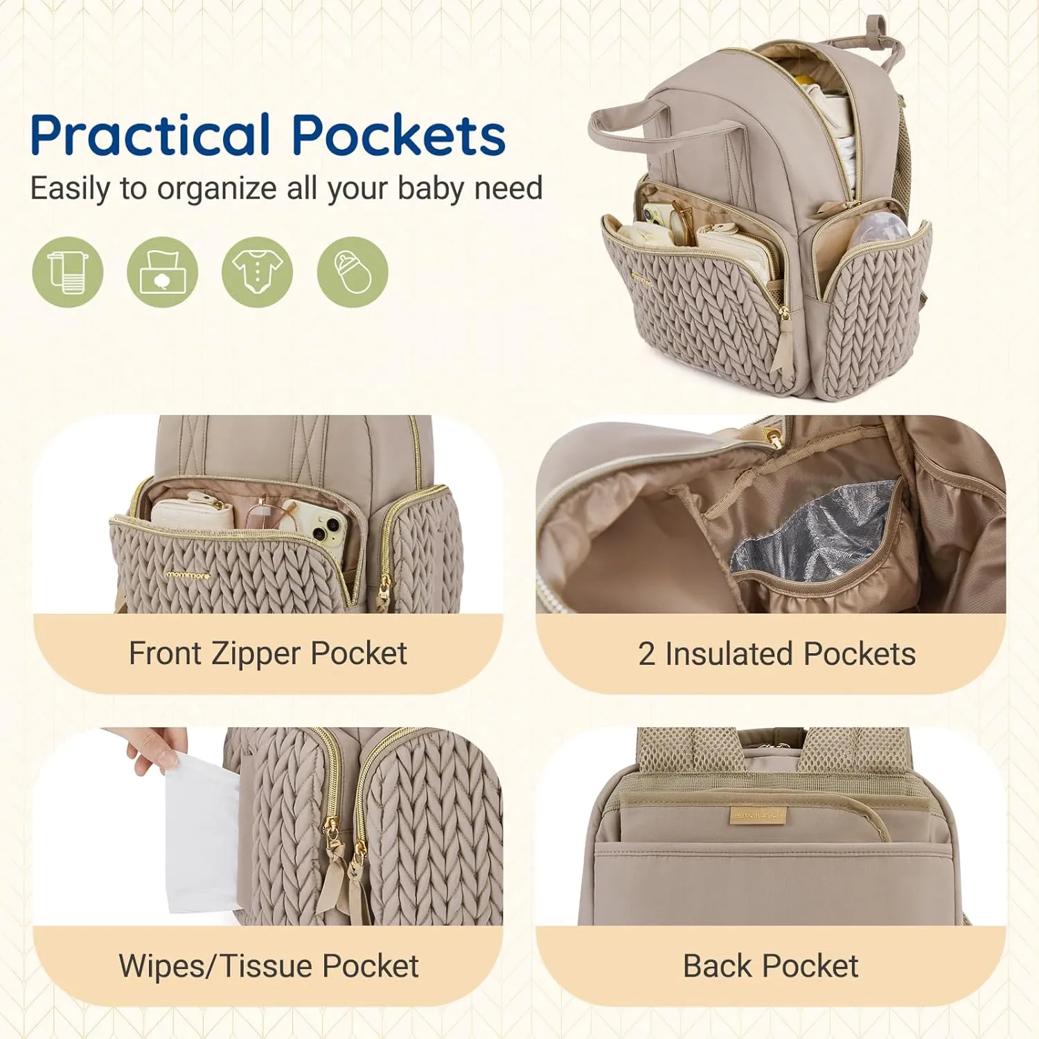 mommore Diaper Bag Backpack Small Diaper Backpack Travel Baby Bag Quilted Diaper Bag with Insulated Pockets, Stroller Straps
