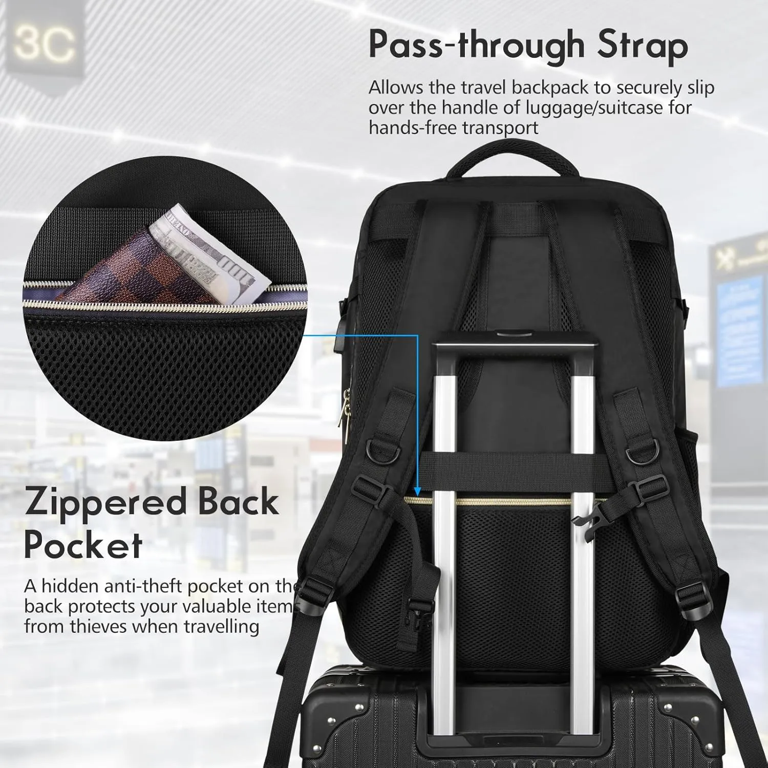MOMUVO Carry On Backpack for Women,Flight Approved Large Travel Laptop Backpack Water Resistant Luggage Travel Bag for Weekender Business, Black-1