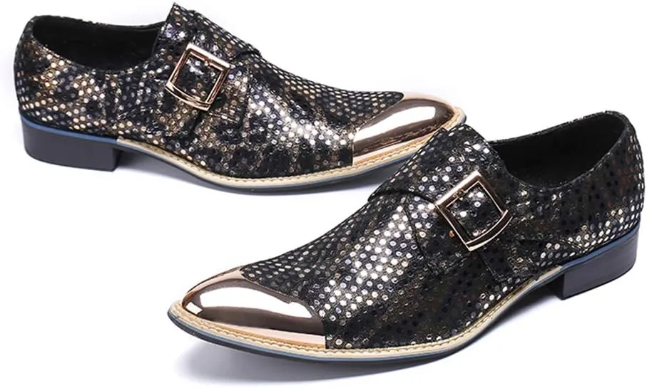 Monk Shoes,Men's Banquet Wedding Dress Shoes Business Leather Shoes Classic Buckle Pointed Toe Cowhide Footwear,Black-37
