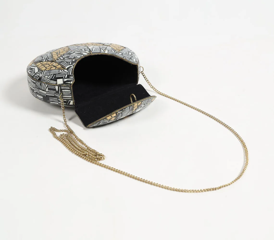 Mosaic Monotone Metallic Half-Moon Clutch with sling