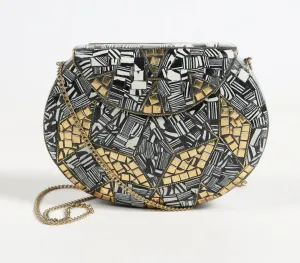 Mosaic Monotone Metallic Half-Moon Clutch with sling