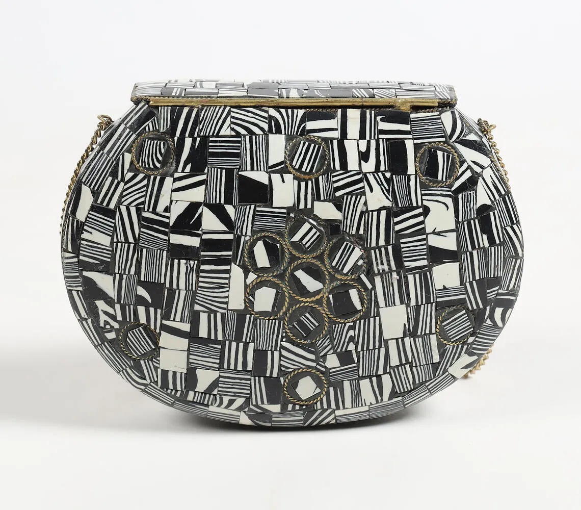 Mosaic Monotone Metallic Half-Moon Clutch with sling