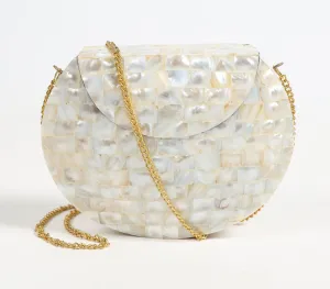 Mosaic Mother-of-Pearl Half-Moon Clutch with sling