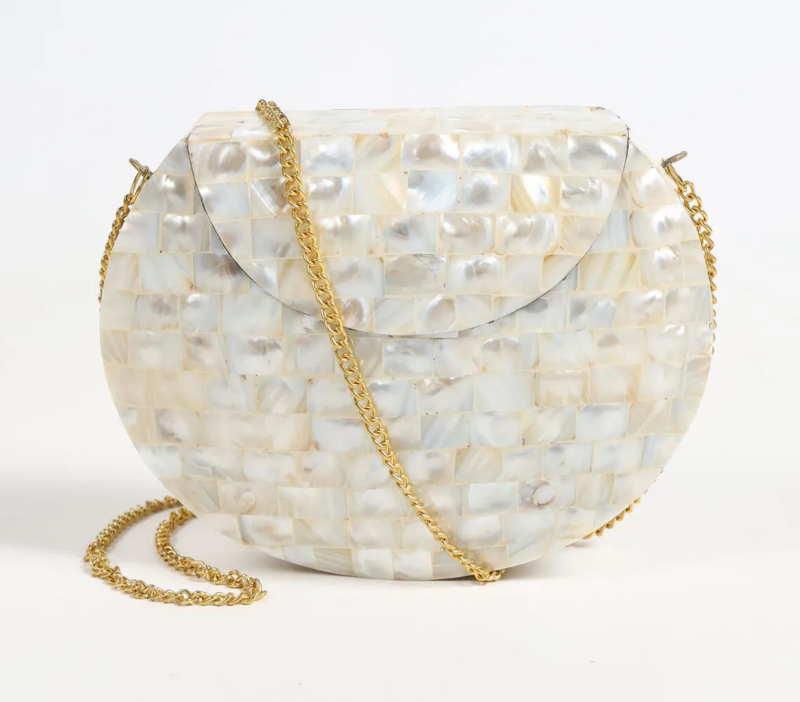 Mosaic Mother-of-Pearl Half-Moon Clutch with sling