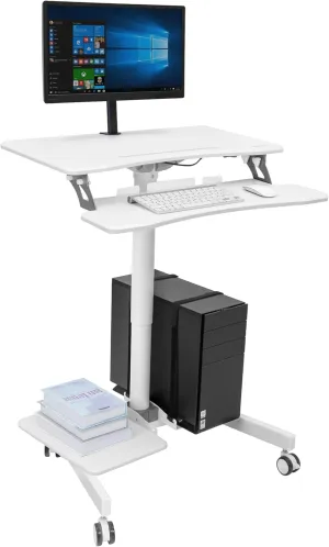 Mount-It! Mobile Workstation for Medical, Classroom, or Office Use, Height Adjustable Rolling Desk with Keyboard Tray, Storage Shelves & Locking Wheels, Portable Computer Cart – White