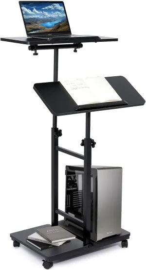 Multi-Purpose Lecterns & Podiums, Portable Mobile Standing Laptop Desk, Height Adjustable Rolling Podium Stand with Storage 2 Swivel Top,Sit Stand Lectern Desk Workstation for Classroom Church (Black)