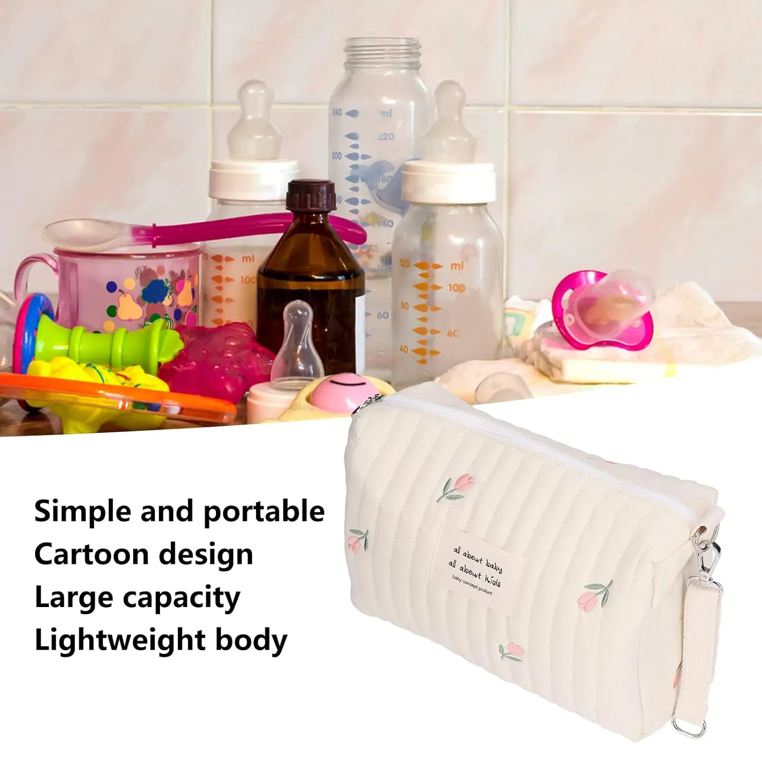 Multifunctional Baby Stroller Storage Bag, Large Capacity Handbag for Parents, Reusable Diaper Carry Bag with Zipper (Tulip Embroidery)