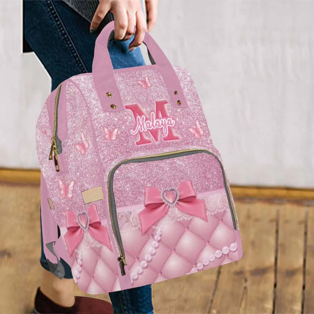 MyPupSocks Personalized Butterfly Diaper Bag, Custom Butterfly Diaper Bag for Baby Girl Mummy Nursing Baby Casual Travel Daypack Fashion Shoulder Bag for Travel Shopping Mom Girl Gifts