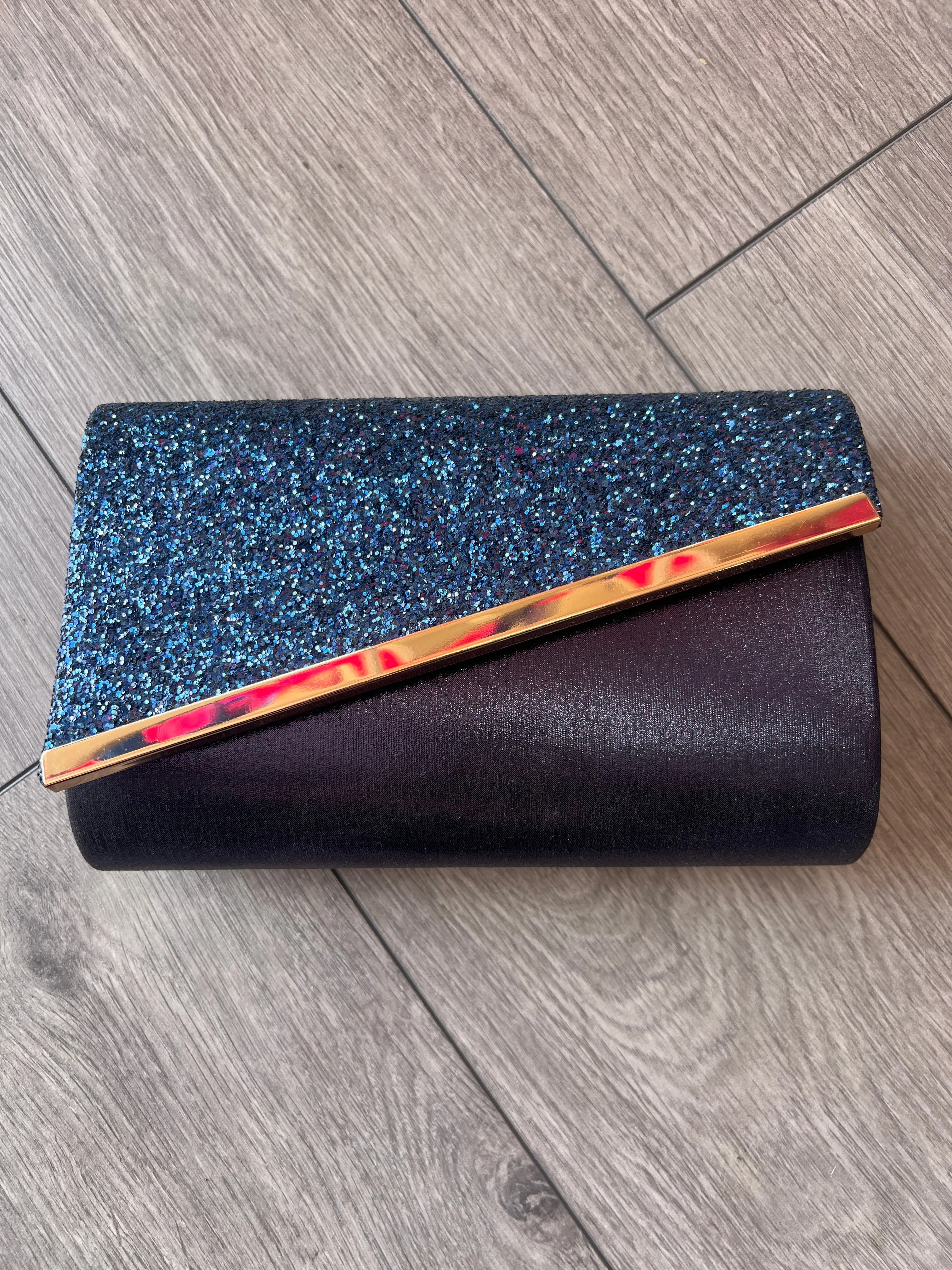Navy Blue Glitter Clutch Bag With Gold Trim