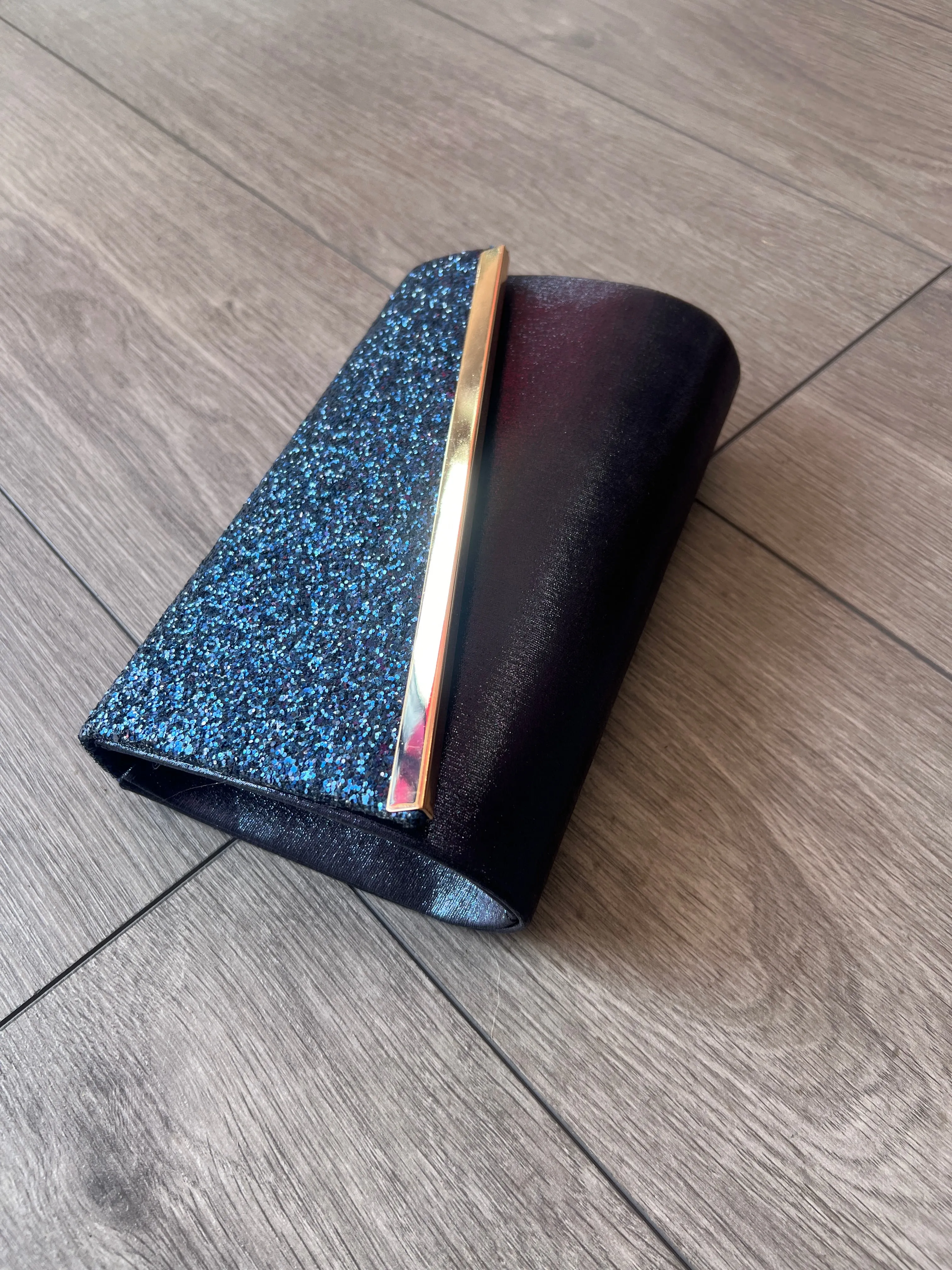 Navy Blue Glitter Clutch Bag With Gold Trim