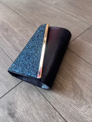 Navy Blue Glitter Clutch Bag With Gold Trim