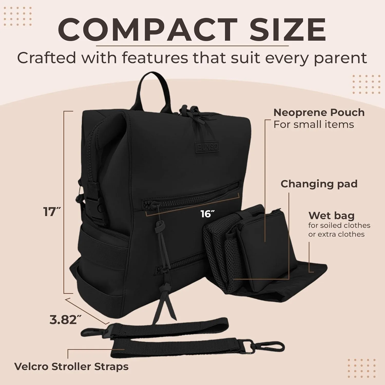 Neoprene Diaper Bag, Minimalist Backpack Diaper Bag with Pouch, Changing Pad, and Stroller Straps, Water Resistant and Lightweight Dad Diaper Bag, Diaper Bag Backpack, Black