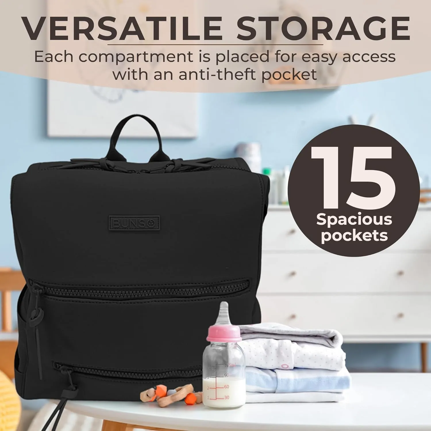 Neoprene Diaper Bag, Minimalist Backpack Diaper Bag with Pouch, Changing Pad, and Stroller Straps, Water Resistant and Lightweight Dad Diaper Bag, Diaper Bag Backpack, Black